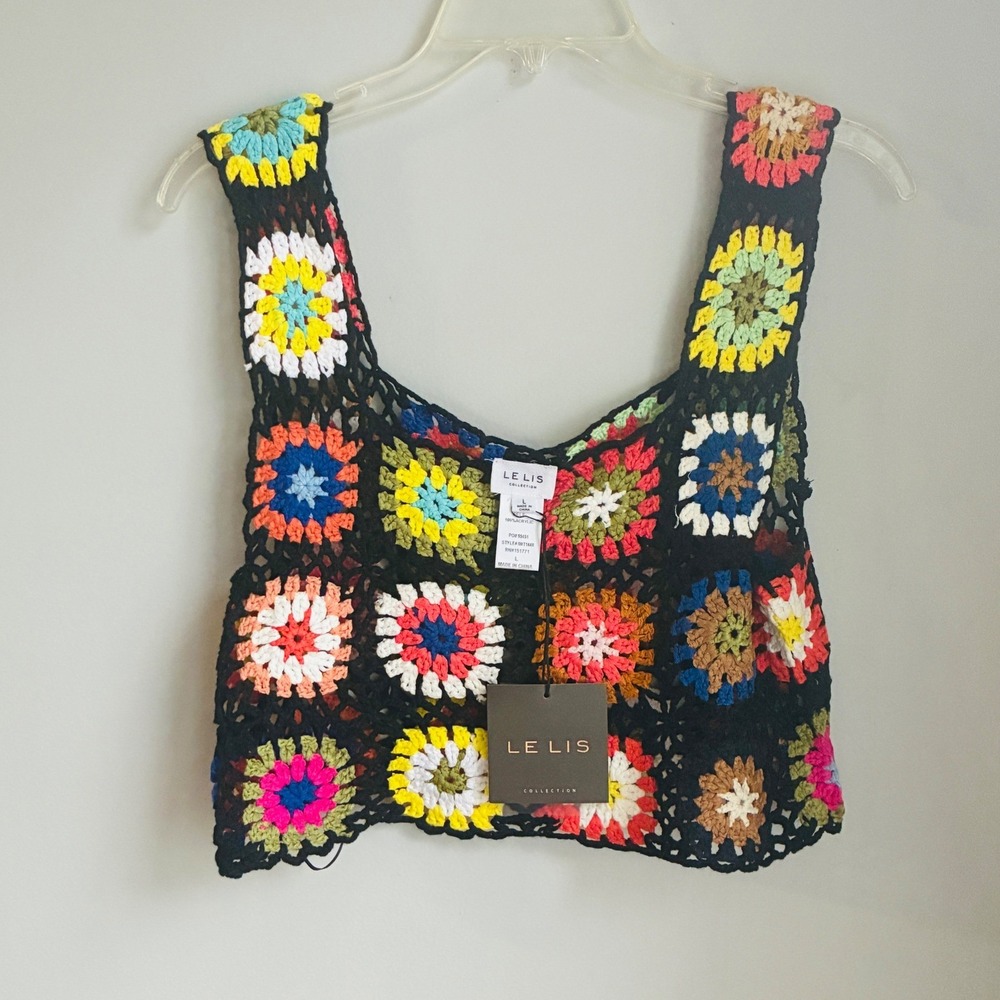 LE LIS Crochet Granny Square Crop Tank Top Boho Festival Patchwork Cottage Large